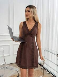 Easowa Lace Patchwork Cinched Waist A-Line Sleeveless Tank Dress Linen Fabric Casual Elegant Commuter Vacation Summer Women Mini Dress Brunch Dark Brown - Brown - View 4