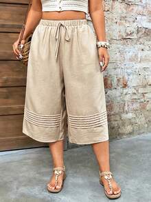 EMERY ROSE Plus Size Women Casual Elegant Khaki Summer Boho Vacation Holiday Pants,Full Elastic Bow-Tie Waist With Striped Hem Design,Loose Fit,Daily Work Wear - Khaki - View 6
