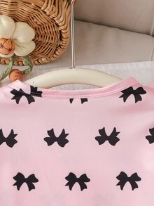2pcs/Set Girls' Simple Fashion Pink & Grey Cute Cartoon Sheep Print Short Sleeve Long Nightgown Loungewear - Baby Pink - View 8