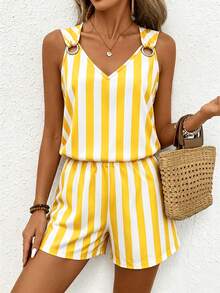 EMERY ROSE V-Neck Sleeveless Casual Minimalist Striped Women's 2 Pieces Set - Multicolor - View 4