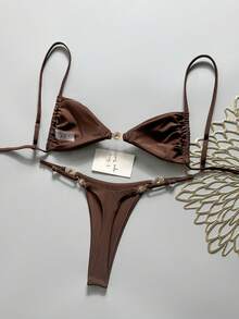 Swim Mod Women's Spring/Summer Solid Color Spaghetti Strap Metal Decor Bikini Set - Brown - View 3