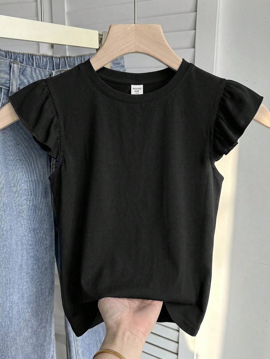SHEIN 兒童青少年女童夏季 95% 棉圓領短袖寬鬆 T 恤,附荷葉邊袖口與花卉圖案設計,可愛短袖上衣,適合外出、返校、春夏、復古、懷舊、柔軟、乾淨、海灘度假、假期、春假氛圍 - 黑色 - 查看 1