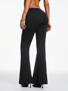 Hanevo Women's Solid Color Lace Patchwork High Waist Slim Fit Flared Pants, Versatile For Daily Wear - Black - View 6