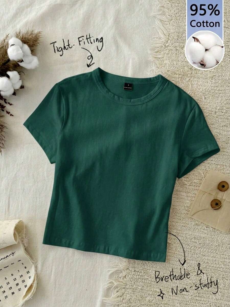 Tseoso 1pc Solid Form Fitted Tee 95% Cotton Dark Green - Dark Green - View 1