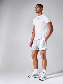 SUMWON Graphic Print Drawstring Shorts With Side Stripe Detail And Curved Hem Casual Summer Style - Light Grey - View 3