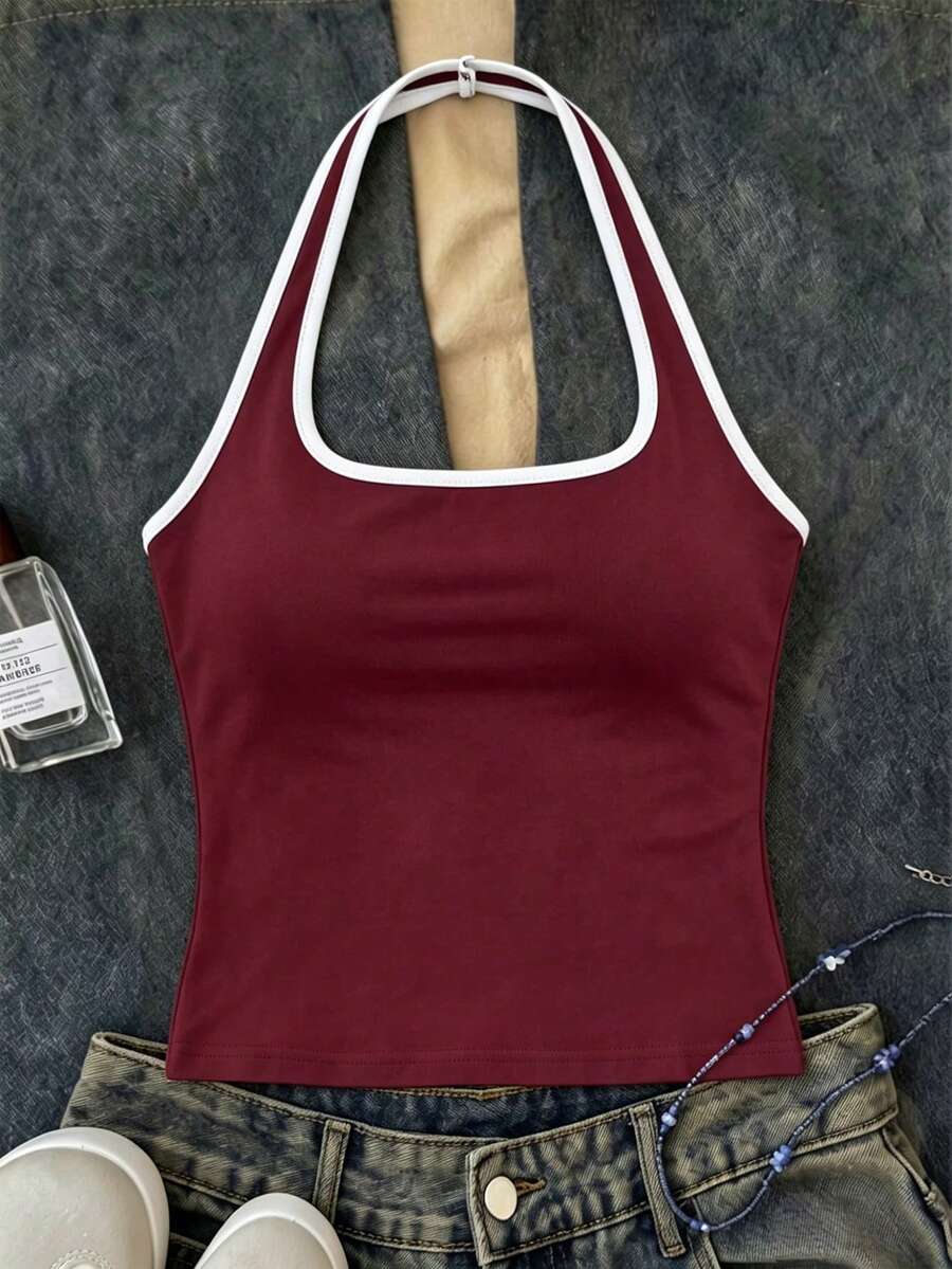 Atasan Halter Neck Panjang Kasual Warna Merah Tua untuk Remaja Perempuan, Atasan Tanpa Lengan Pas Badan Cocok untuk Musim Panas - Putih - View 1