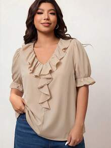 Enliva Áo kiểu nữ size lớn cổ chữ V tay ngắn bèo nhún - Màu Khaki - Xem 4