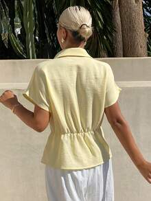 DAZY Solid Color Loose Short Sleeve Tie Front Casual Vacation Summer Women's Shirt - Yellow - View 2