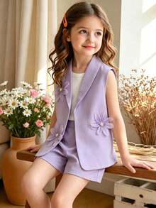 SHEIN Elladie kids 少女紫色西裝外套、細肩帶針織上衣、短褲夏季套裝，上衣搭配同款碎花，休閒度假優雅套裝 - 紫色 - 查看 9