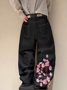STEELVANCE Street Style Retro Fashion Versatile Embroidered Design Loose Straight Leg Wide Leg Casual Denim Plus Size Long Pants (Belt And Accessories Not Included) - Black - View 2