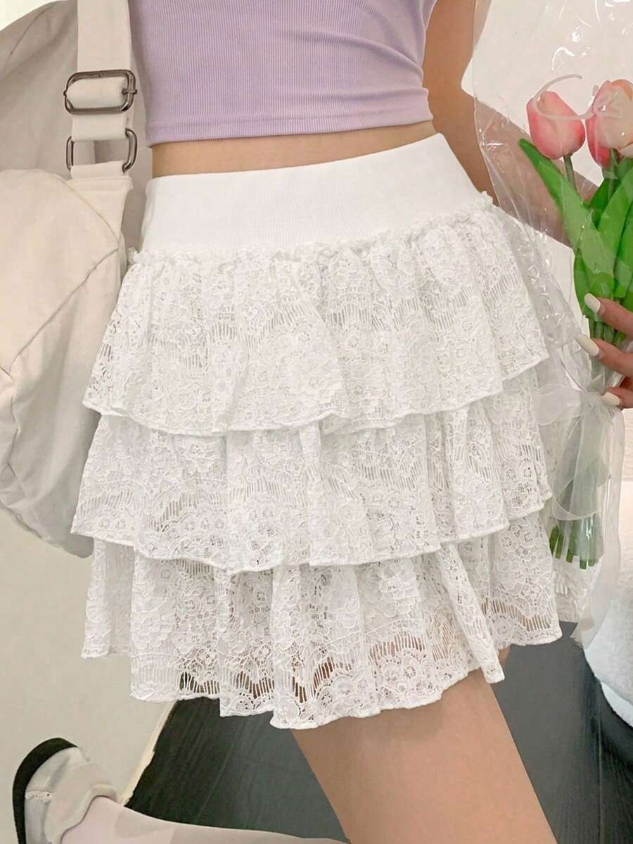 DAZY 女款蕾絲休閒可愛百褶韓風裙 夏季度假 白色校園風 - 白色 - 查看 1