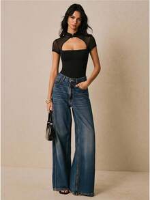 Poéselle New Chinese Style Mandarin Collar Solid Color Hollow Mesh Splice Semi-Sheer Bodysuit - Black - View 5