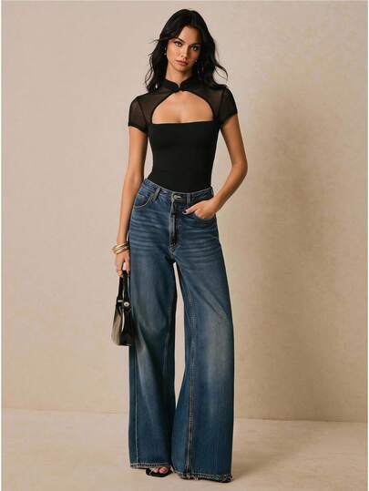 Poéselle New Chinese Style Mandarin Collar Solid Color Hollow Mesh Splice Semi-Sheer Bodysuit