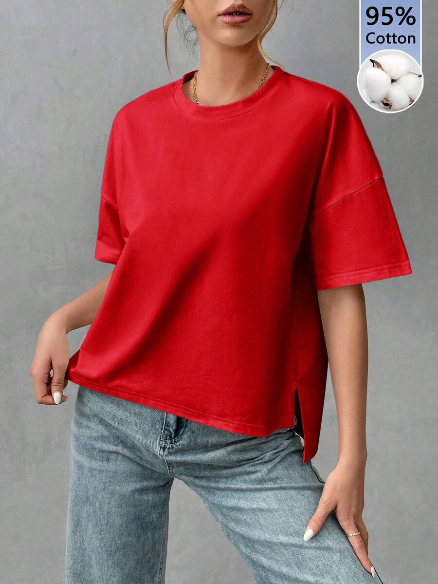 SHEIN Essnce 純棉舒適女款極簡基本款前短後長T恤,時尚百搭,適合外出、穿搭、旅行與度假 - 紅色 - 查看 1