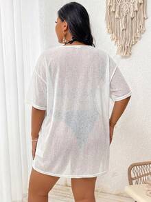 Swim Lushoire Plus Size Women's Solid Color Round Neck Short Sleeve Loose Cover-Up Dress - White - View 4