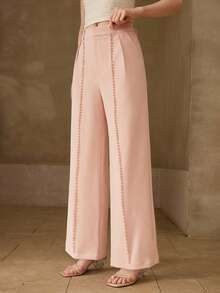 MOTF PREMIUM WOMEN'S FAUX PEARL DECORATED WIDE LEG PANTS WEDDING BRUNCH TEA PARTY PINK SUMMER ROMANTIC ELEGANT - White - View 5