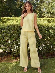 KARISMINA 2pcs/Set Women Solid Color Woven Fitted Tank Top & High Waist Loose Straight Pants Set Spring Outfits For Tropical Vacation Woman Clothes Linen Island - Light Yellow - View 5