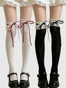 ROMWE Kawaii 2 đôi tất dài đến đầu gối khoét lỗ, buộc dây, kiểu dáng dễ thương, tất ren cổ điển, tất mỏng co giãn, thích hợp mặc hàng ngày vào mùa xuân. - Nhiều màu - Xem 1