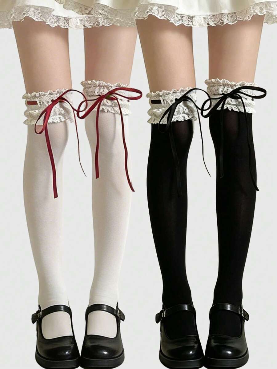 ROMWE Kawaii 2 đôi tất dài đến đầu gối khoét lỗ, buộc dây, kiểu dáng dễ thương, tất ren cổ điển, tất mỏng co giãn, thích hợp mặc hàng ngày vào mùa xuân. - Nhiều màu - Xem 1
