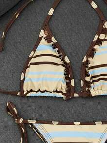 Swim Mod Retro Sexy Tropical Light Blue Print Halter Bikini Set, Pleated Trim Triangle Top With Straps, Tie-Belt Side Swimsuit Shorts. Summer Women's Swimwear - Multicolor - View 4