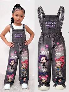Girls' Woven Street Style Chain Detail Fun Cool Letter Print Overalls, Fashion Back To School Season Item, Spring, Summer, Autumn Personalized Jumpsuit - Black - View 8