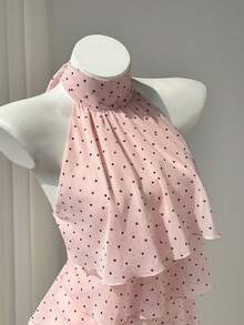 SHEIN PETITE 女款春夏休閒度假風荷葉邊拼接四層雪紡波點印花面料優雅顯瘦抓褶修身綁帶海灘襯衫 - 粉色 - 查看 4