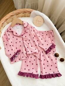 Dozemod Baby Girl Baby Girl Sweet Simple Patterned Collar Button-Up Ruffle Trim Long Sleeve Long Pants Comfortable Skin-Friendly Knit Pajama Set 2pcs - Baby Pink - View 5