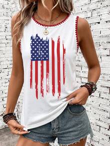SHEIN LUNE Casual Graphic Western Minimalist Style 95 White Pure Cotton Red Shell Embroidery Patchwork American Flag Print Pattern Vacation Summer Tank Top - White - View 3