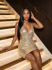 BamGleam Women's V-Neck Sleeveless Fitted Sequin Dress,Champagne Gold Sparkly Glitter Party Dresses,Elegant Night Out Summer 70s New Year's Eve Outfit - Gold - View 6