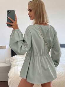 DAZY Blus Longgar Wanita dengan Kerah Bulat dan Pita - Hijau - View 2