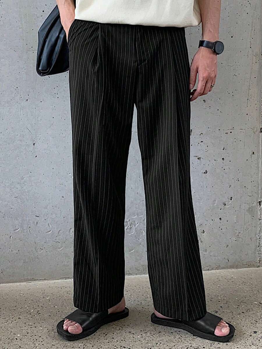 DAZY Long Striped Pleated Design Men's Pants Fall - Black - View 1