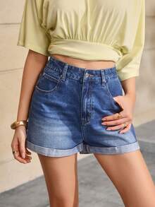 Summer Rolled-Up High-Waisted Denim Shorts - 藍色 - 查看 7