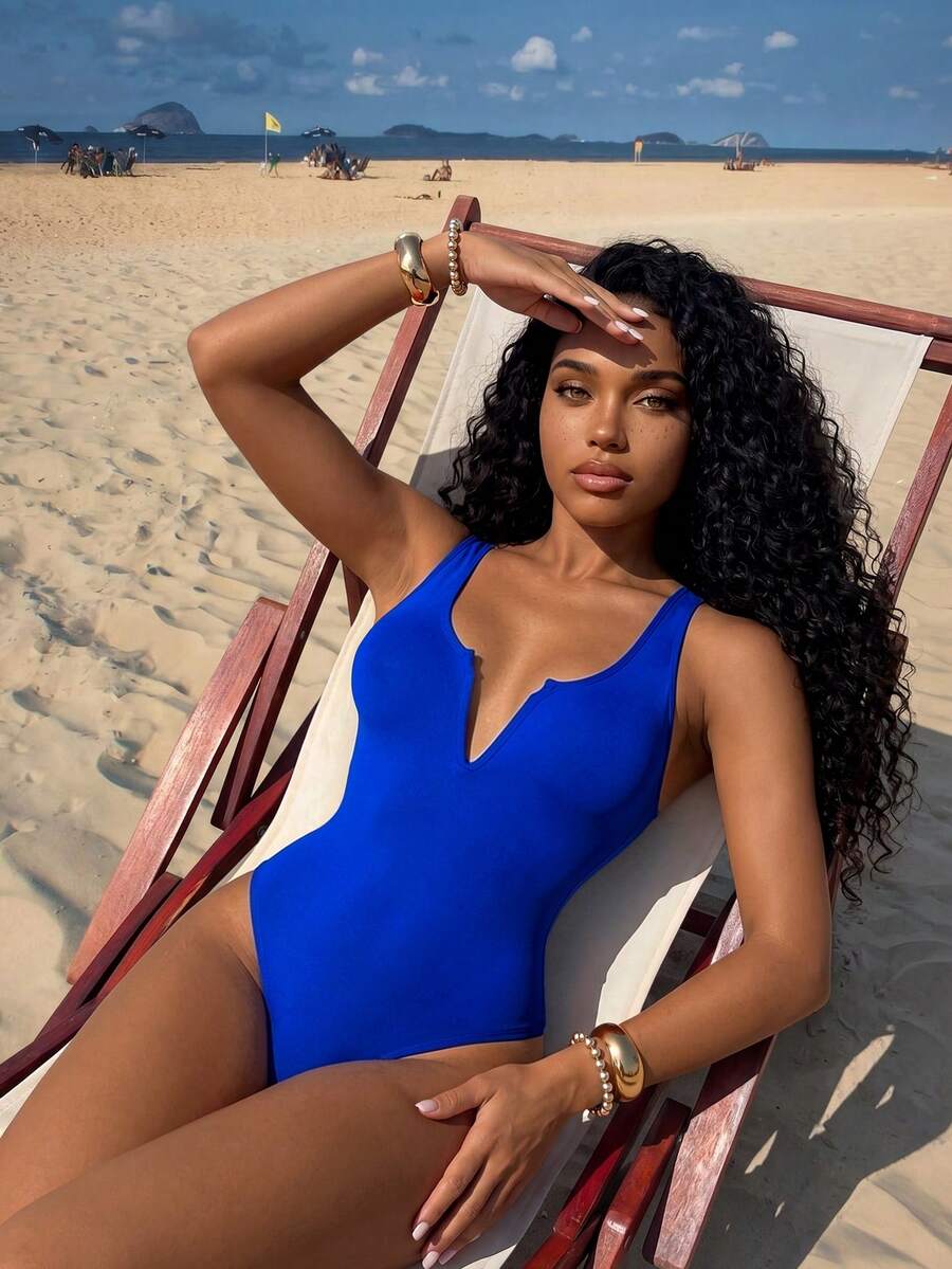 Vaytide Summer Beach Solid V Wired One Piece Swimsuit - Royal Blue - View 1