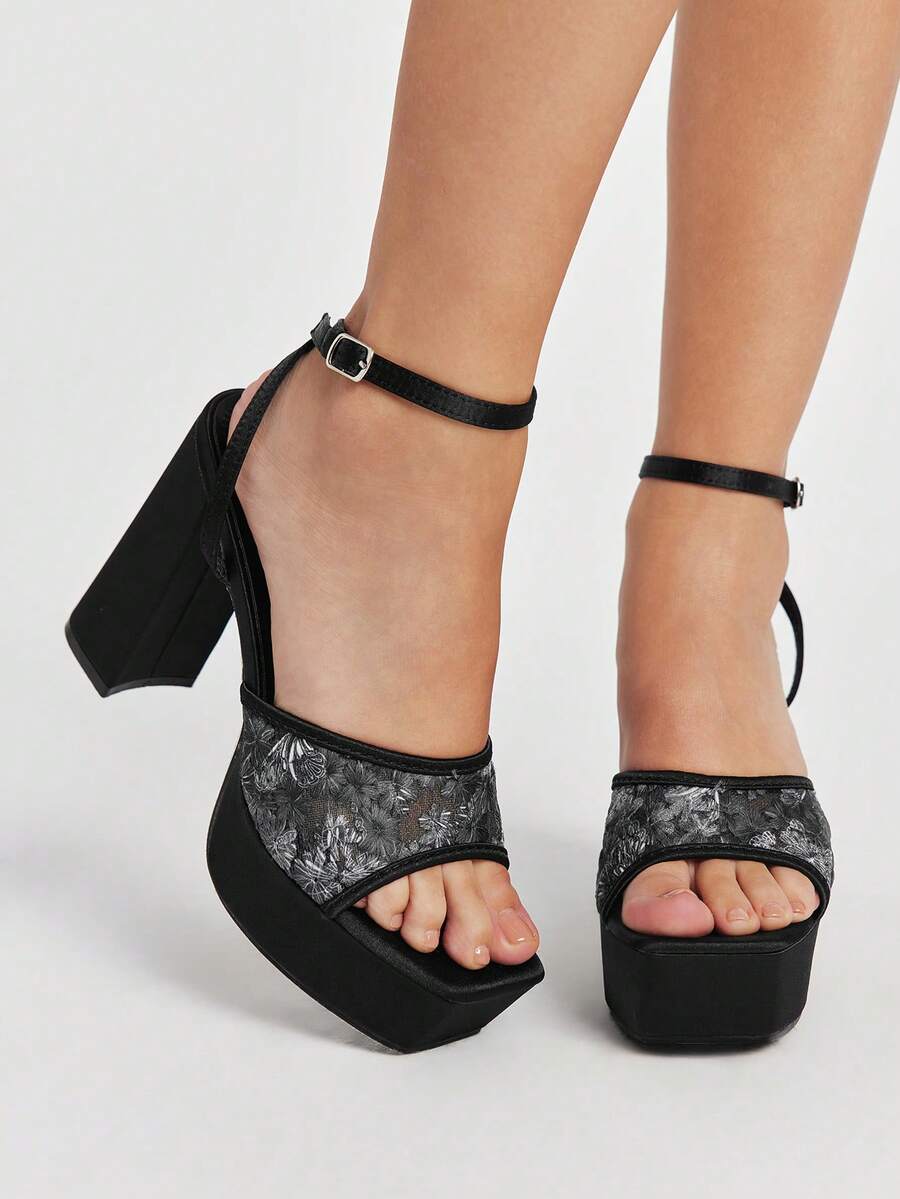 Sugerpunk Women's Shoes Fashion Mesh Flower Embroidery Square Toe Open-Toed Ankle Buckle Strap High Heels Women's Elegant Romantic Comfortable Versatile Thick Heel Sandals Summer - Butterfly Black - View 1