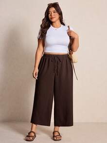 Elaquor Pantalones de pierna ancha casuales y versátiles de uso diario con cintura con cordón de unicolor para mujer de talla grande - Café integral - Ver 4