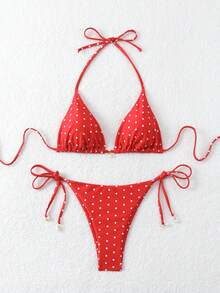 Swim Basics Summer Beach Women's Random Polka Dot Printed Bikini Set - Red - View 3
