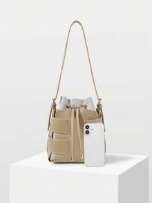 MOTF WOMEN'S FASHION GRAY SHOULDER BAG, EXQUISITE VACATION WOVEN HOLLOW BUCKET BAG, SUITABLE FOR DAILY, COMMUTING, SHOPPING, VACATION, TRAVEL - Grey - View 5