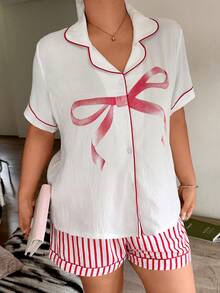 Napfluff CURVE Napfluff CURVE Sweet Bow Print Short Sleeve Top Pink Shorts Plus Size Women's Pajama Set Night Summer - Multicolor - View 5