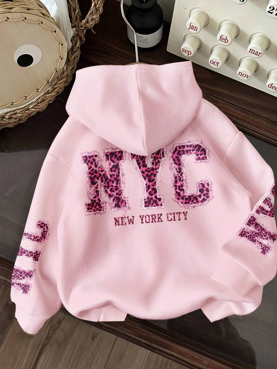 SHEIN EZwear 休闲简约纽约风豹纹粉色卫衣,适合秋冬季穿着 - 彩色 - 查看 1