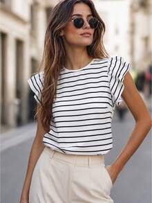 EMERY ROSE Women's Striped Print Round Neck Ruffle Sleeve Casual Versatile T-Shirt, Spring/Summer New Arrival Hot Selling - Multicolor - View 4