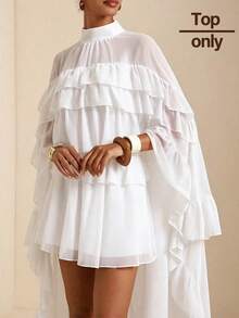 SHEIN Veneréa Women's Solid Color Stand Collar Ruffle Hem Cape Design Versatile Daily Wear Shirt - White - View 3