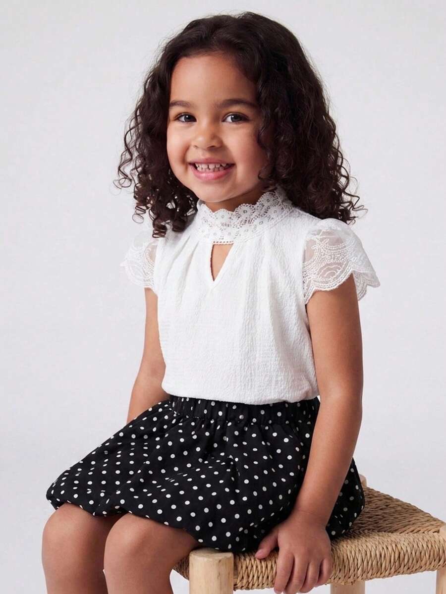 Maija Kids Maija Kids 1 chiếc áo sơ mi ngắn tay ren dệt tinh tế, thoải mái, đa năng, phong cách thanh lịch thường ngày cho bé gái trẻ, phù hợp mặc hàng ngày, đi học, du lịch, tụ tập, tiệc lễ hội, mùa xuân và mùa hè - trắng - Xem 1