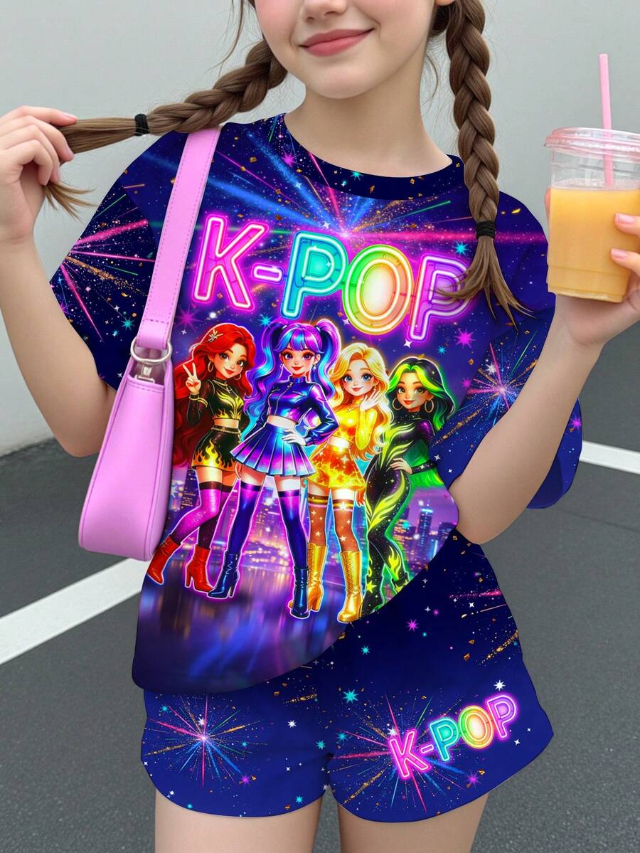 青少年女孩休閒 Y2K 卡通女團印花短袖 T 恤與短褲 2 件套,適合夏季度假,海軍藍 - 彩色 - 查看 1
