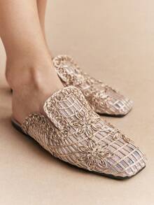 Rosivie Women's New Fashion Woven Hollow Closed Toe Slip-On Flat Bottom Square Toe Shoes - gun color - View 5