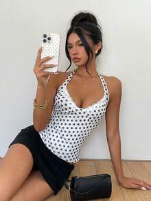 RiviMae Women's Autumn/Summer Halter Top, Elegant Sexy Fashion Party Dates Going Out, Beach Travel, Sleeveless, Casual Commuter White With Black Polka Dots - White - View 3