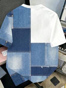 Daypath Dark Blue Summer Streetwear Vacation Men's Vintage Faux Denim Patchwork Print Contrast Color Short Sleeve T-Shirt,Creative Street Fashion Tee For Men - White - View 5