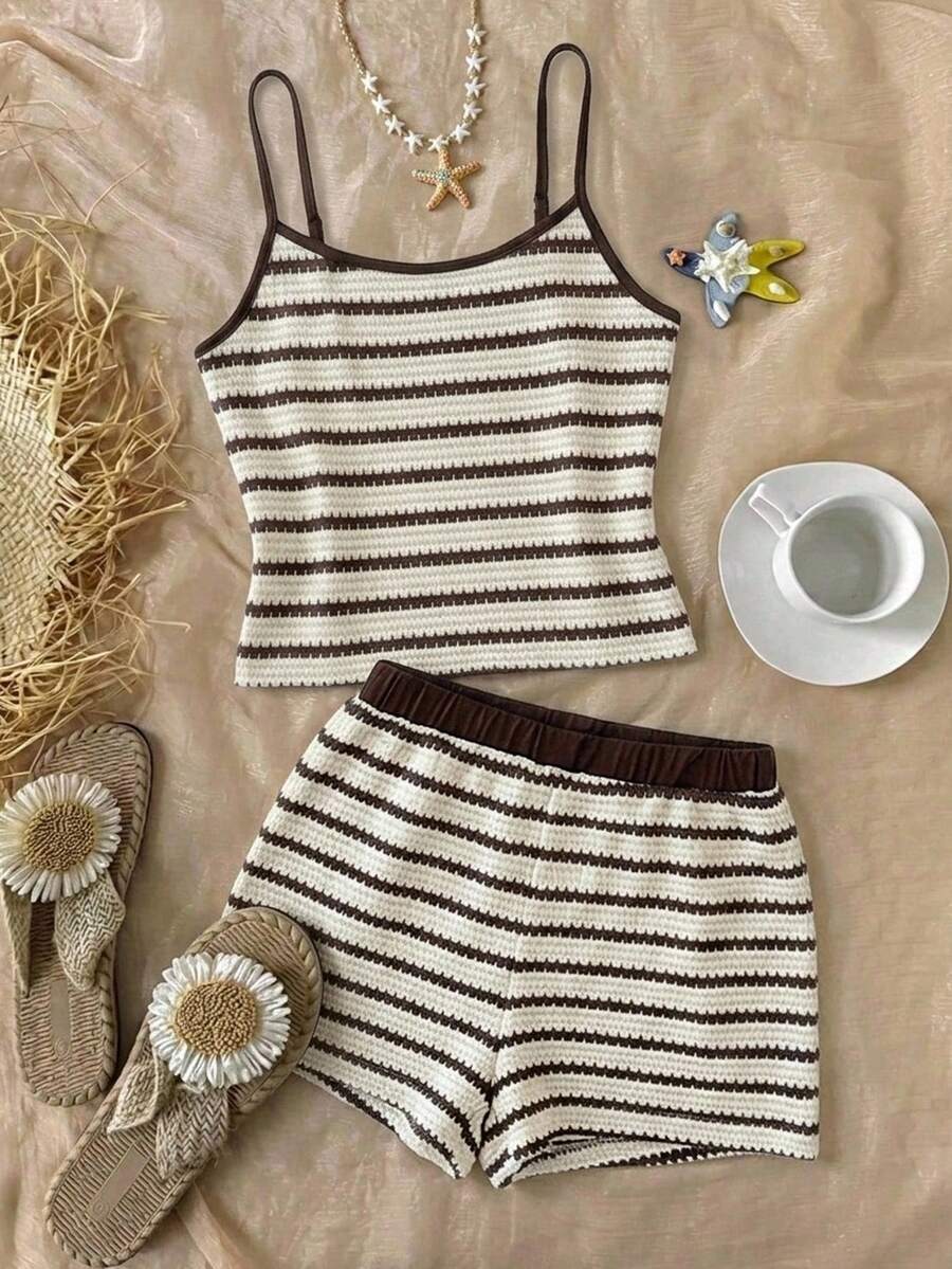 Travachic KIDS 青少年女孩度假休閒針織條紋背心上衣與彈性腰圍短褲套裝 - 棕色 - 查看 1