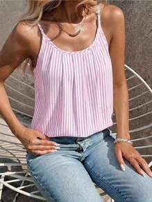SHEIN Clasi 女款條紋百褶休閒百搭日常外出細肩帶上衣 - 粉色 - 查看 3