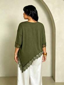 Rustia Plus Size Summer Casual Lace Patchwork Asymmetric Hem T-Shirt - Army Green - View 2