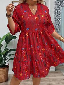 EMERY ROSE Plus Size Women's Summer Branch Floral Cutout V-Neck Ruffle Hem Loose Fit Doll Dress - Red - View 6